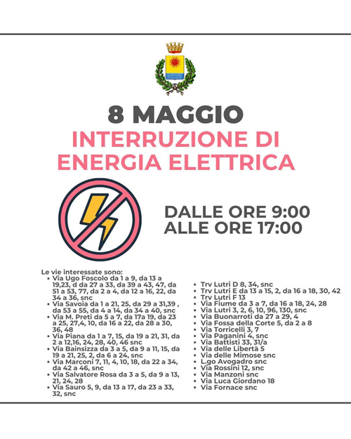 Interruzione energia elettrica â€“ Venerdì 8 Maggio